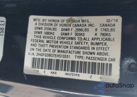 2014 Honda Civic Lx from USA, damaged, VIN 2HGFG3B57EH510351